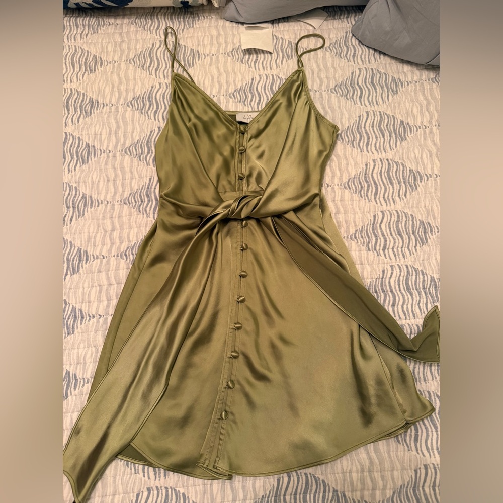L'Academie Olive Green Satin Slip Dress with Button Front